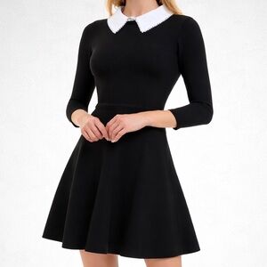 🆕 BCX Black Fit & Flare Knit Dress White Pearl Collar XL Retro Preppy Classic